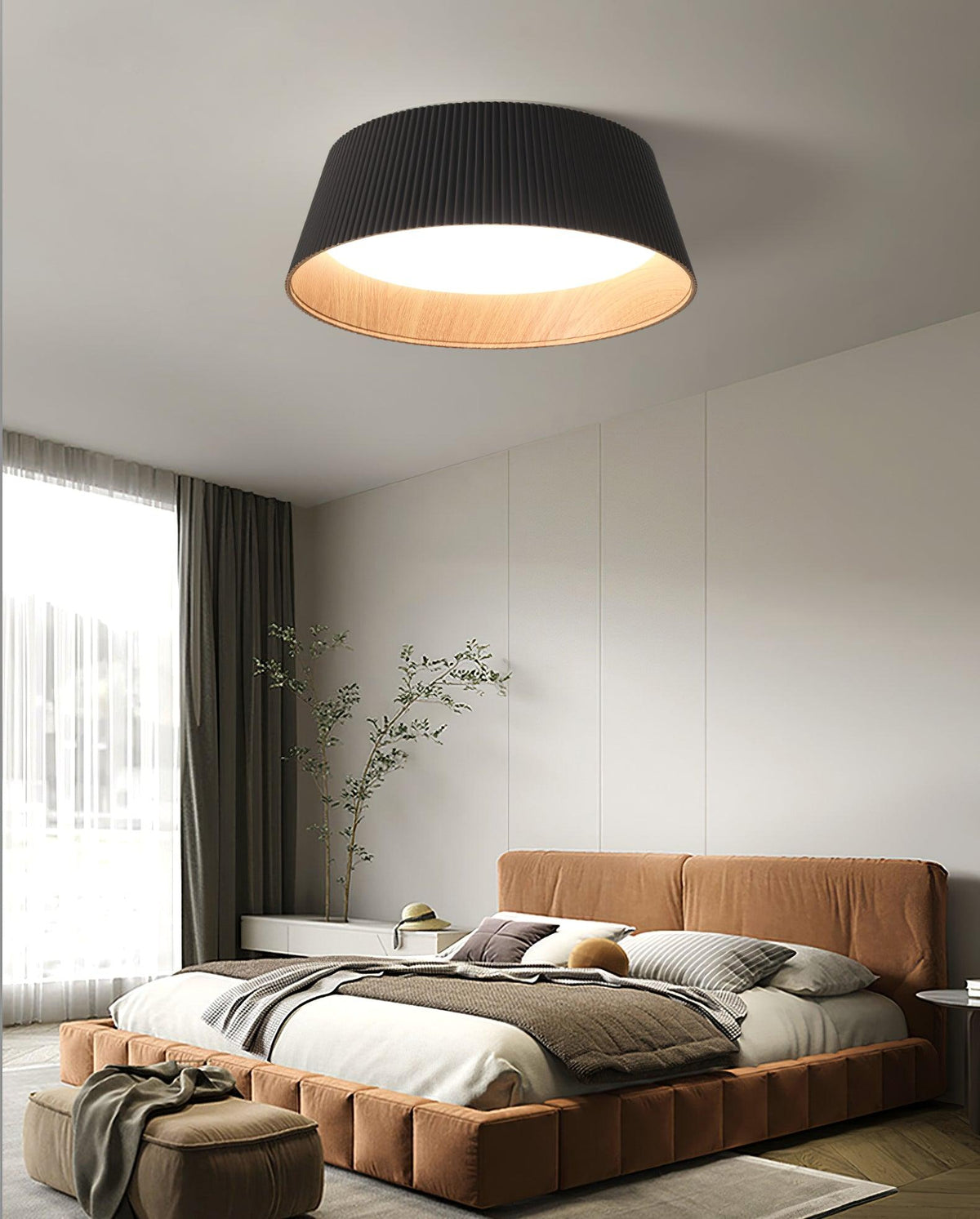 Rineia lampa sufitowa w kształcie bębna z żebrami drewniana elegancka nowoczesna