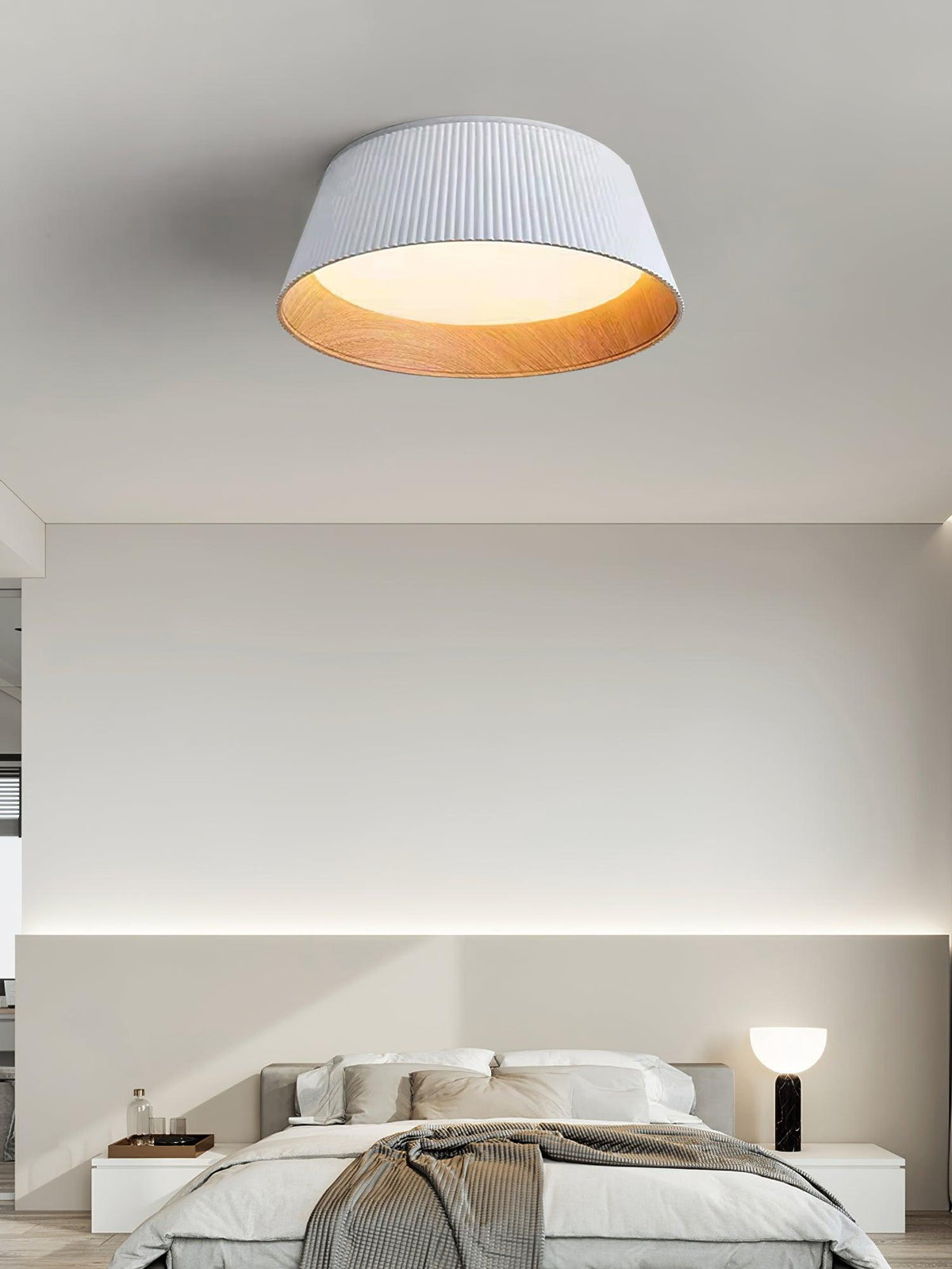 Rineia lampa sufitowa w kształcie bębna z żebrami drewniana elegancka nowoczesna