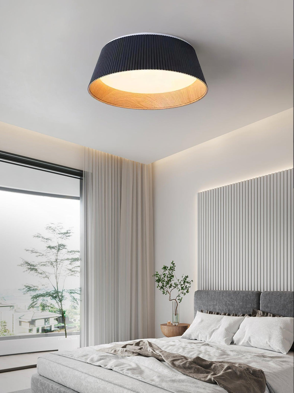 Rineia lampa sufitowa w kształcie bębna z żebrami drewniana elegancka nowoczesna