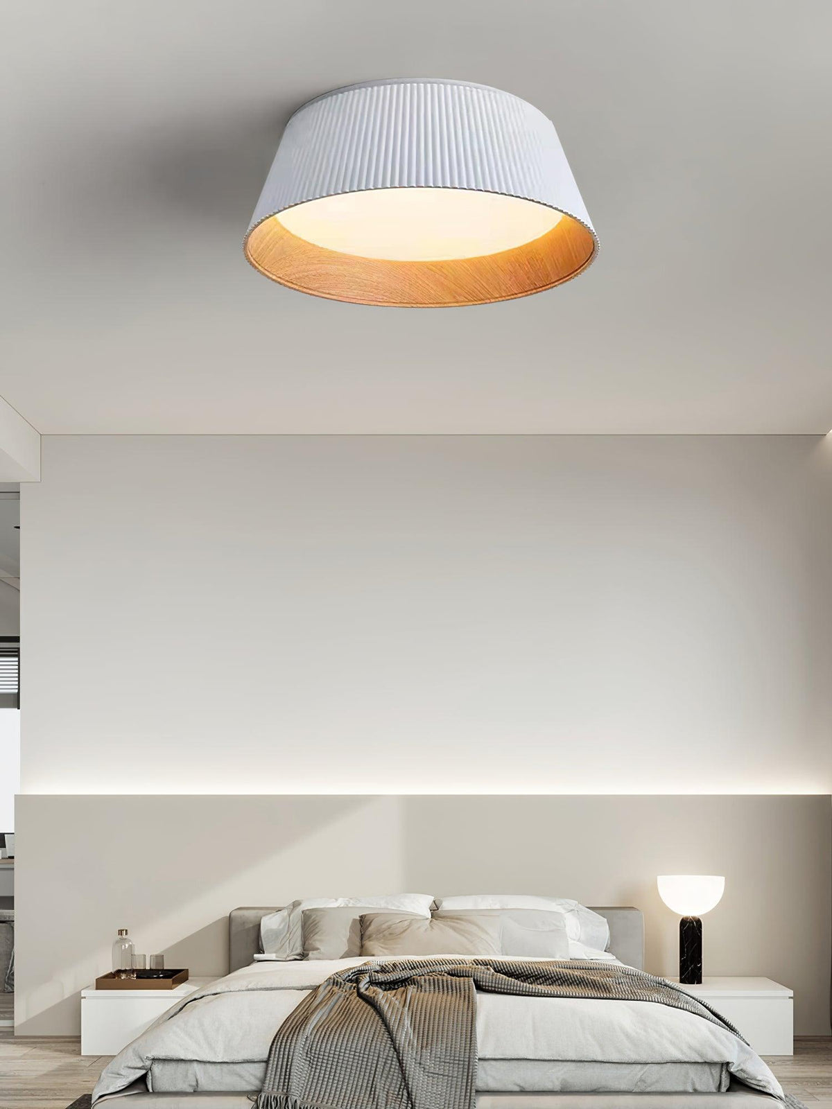 Rineia lampa sufitowa w kształcie bębna z żebrami drewniana elegancka nowoczesna