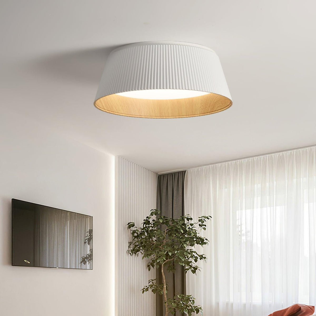 Rineia lampa sufitowa w kształcie bębna z żebrami drewniana elegancka nowoczesna
