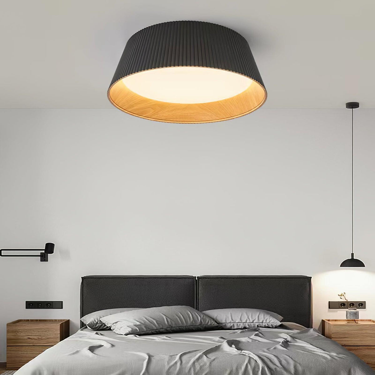 Rineia lampa sufitowa w kształcie bębna z żebrami drewniana elegancka nowoczesna