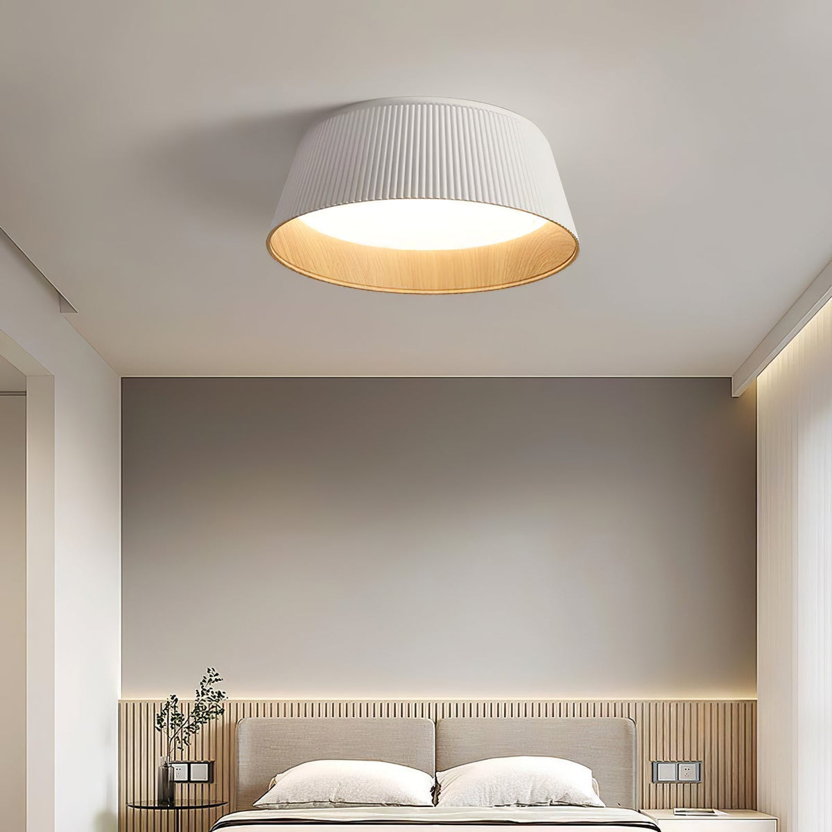 Rineia lampa sufitowa w kształcie bębna z żebrami drewniana elegancka nowoczesna