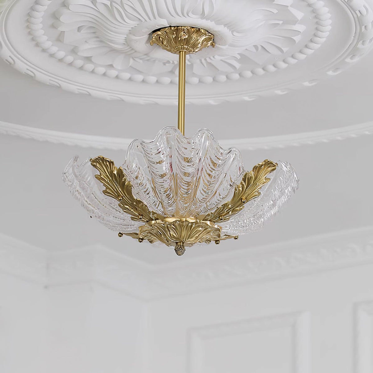 Murano lampa wisząca różowa muszla miedź barokowa