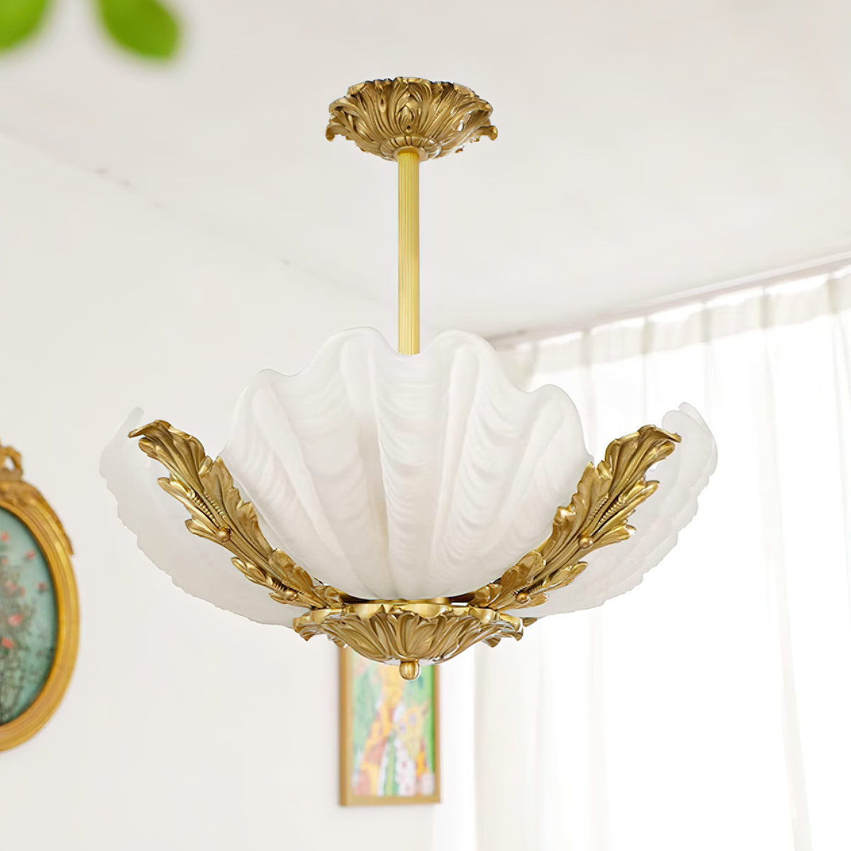 Murano lampa wisząca różowa muszla miedź barokowa