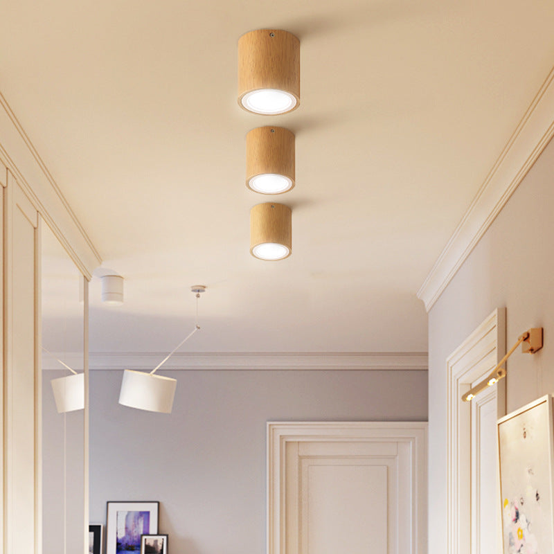 Muto nowoczesna lampa sufitowa drewniana, cylindryczna, korytarz/balkon