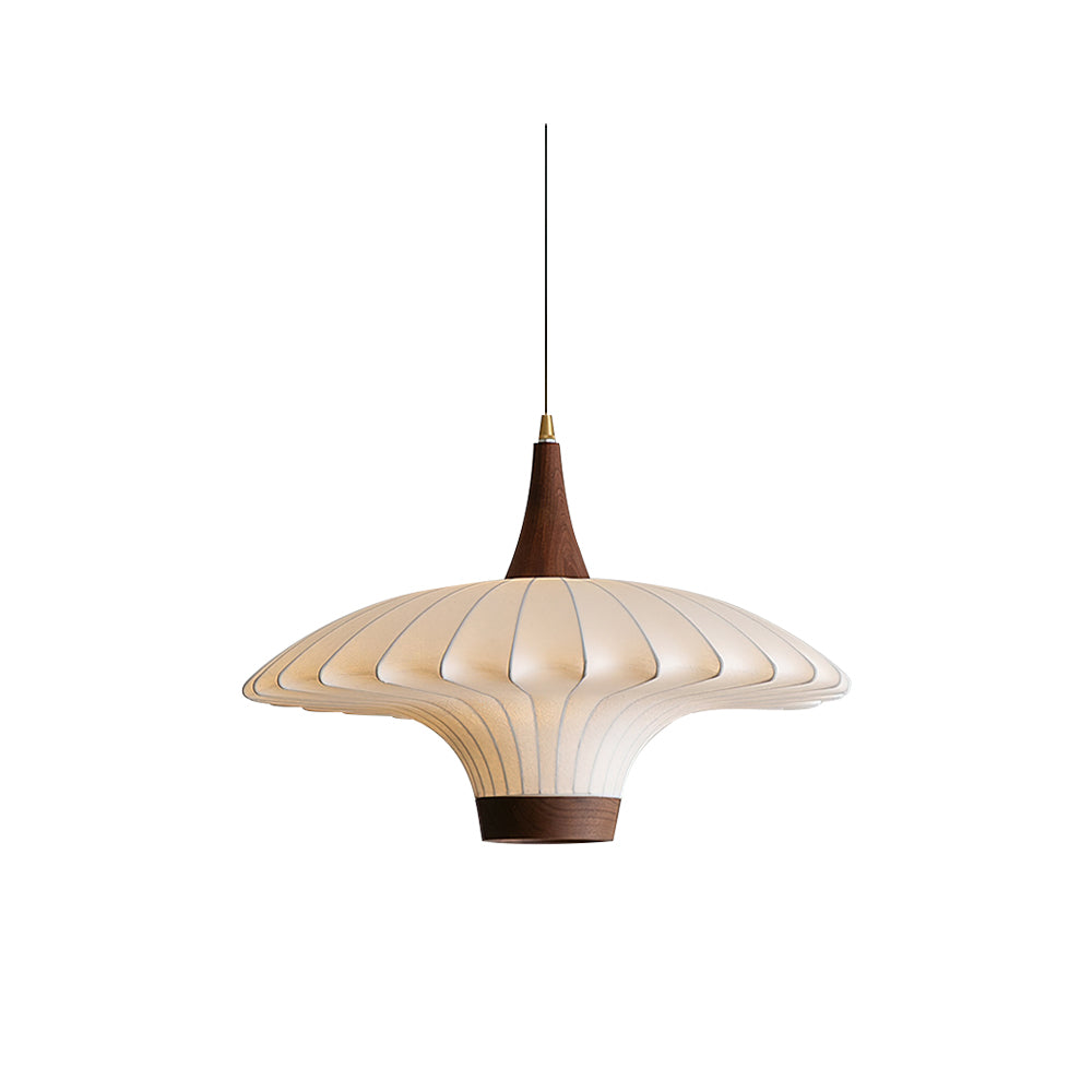 Lampa wisząca Parasol z płótna w kolorze białym, detale orzechowe