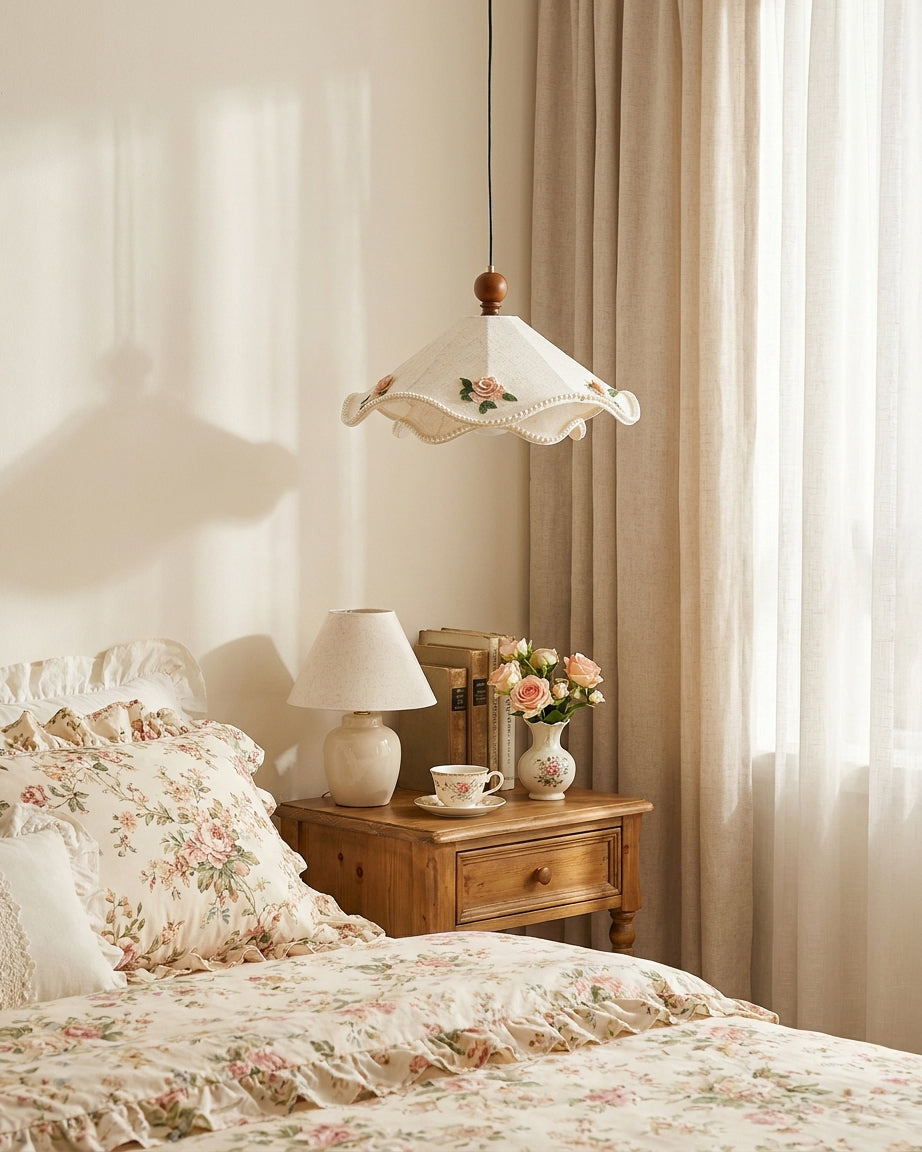 Oreleria lampa wisząca z płócienną ochronką w kremie z haftowanymi różami