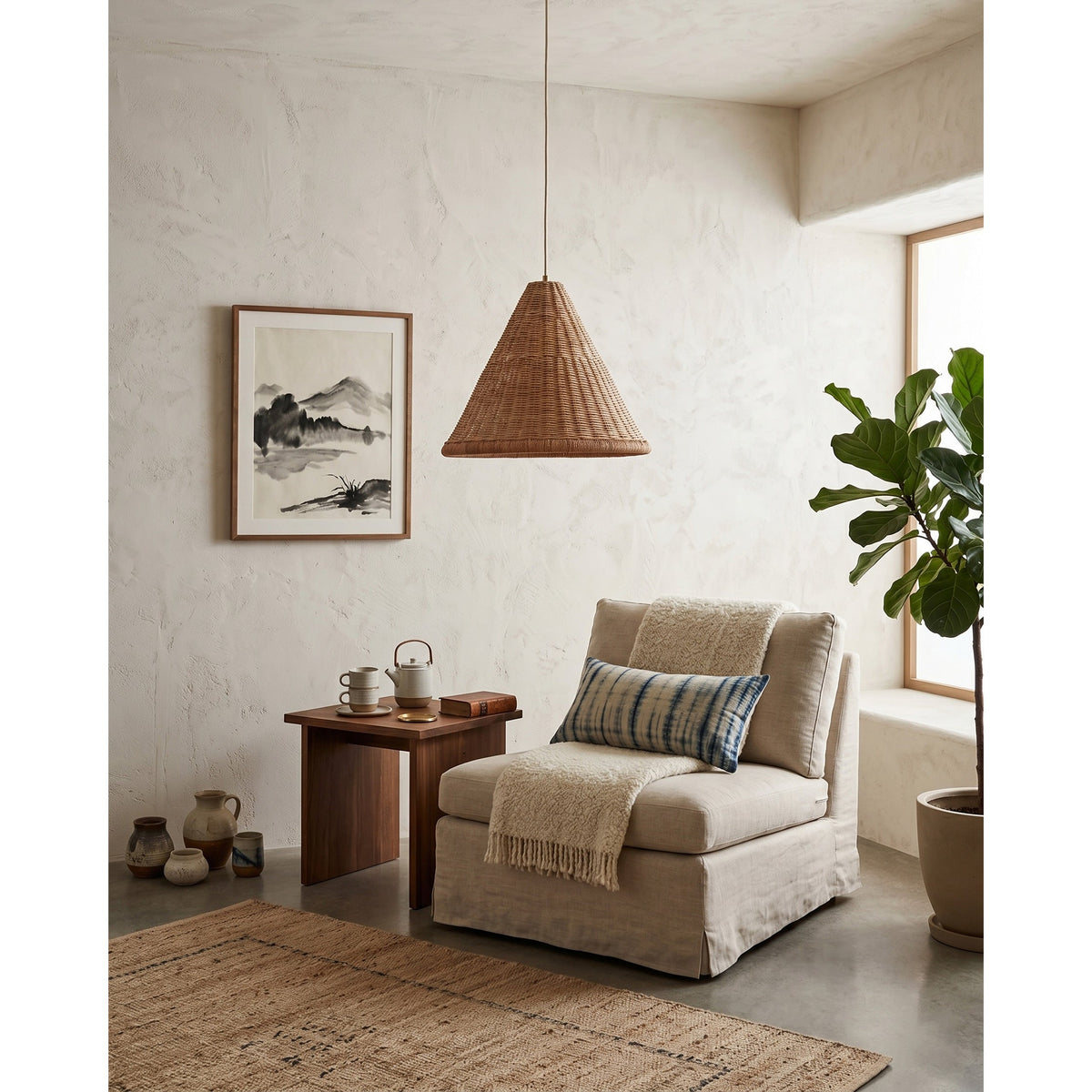 Kasbah wisząca lampa stożkowa z rattanu