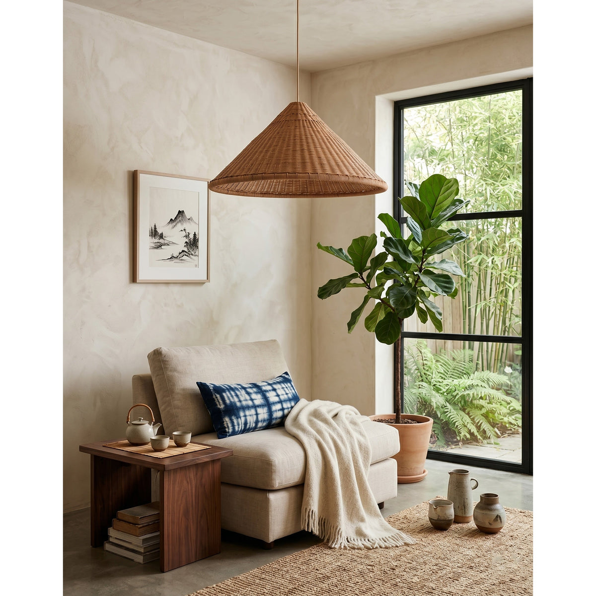 Kasbah wisząca lampa stożkowa z rattanu