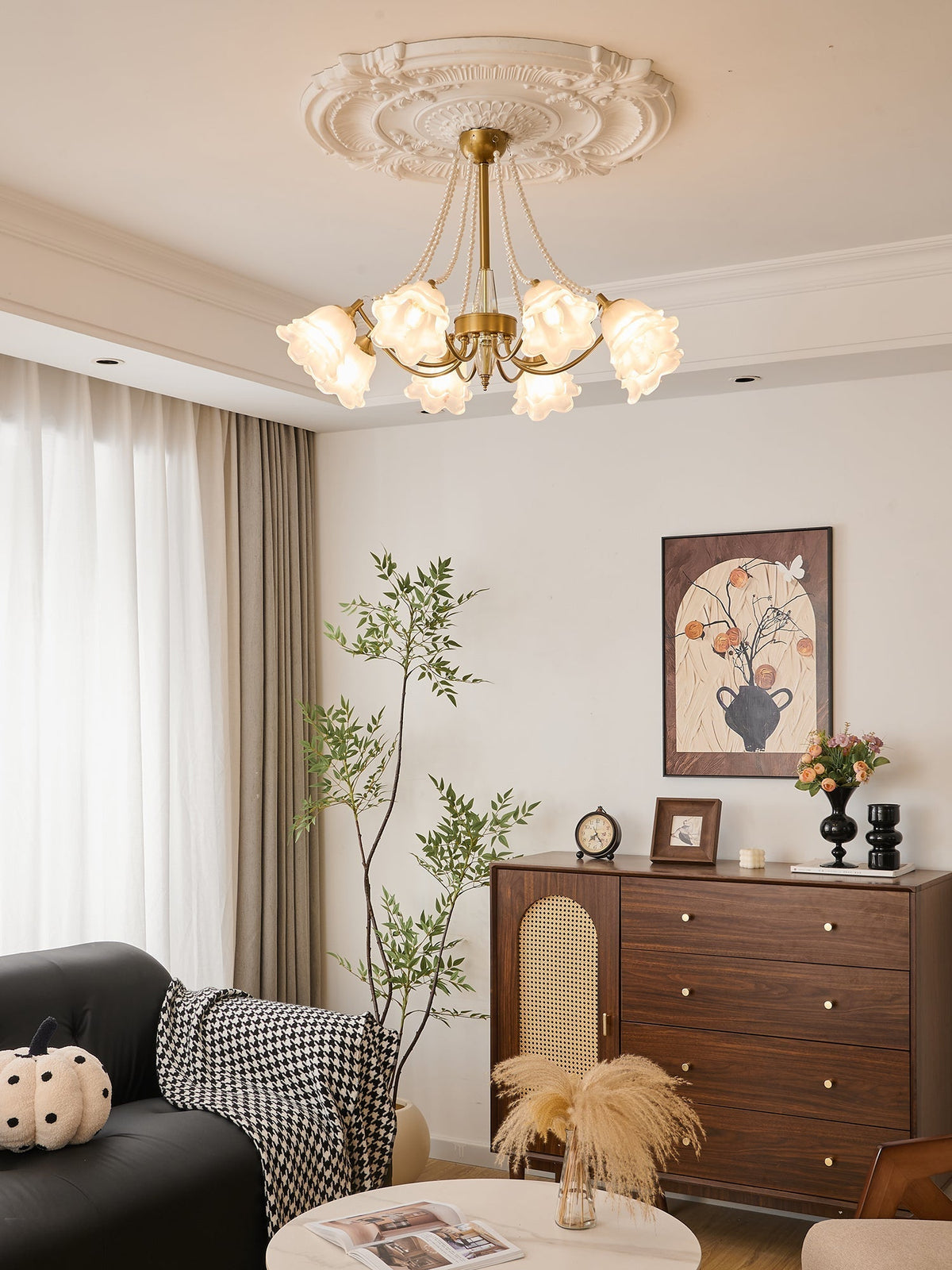 Allirila tradycyjna elegancja vintage Bloom perły żyrandol ze szkła