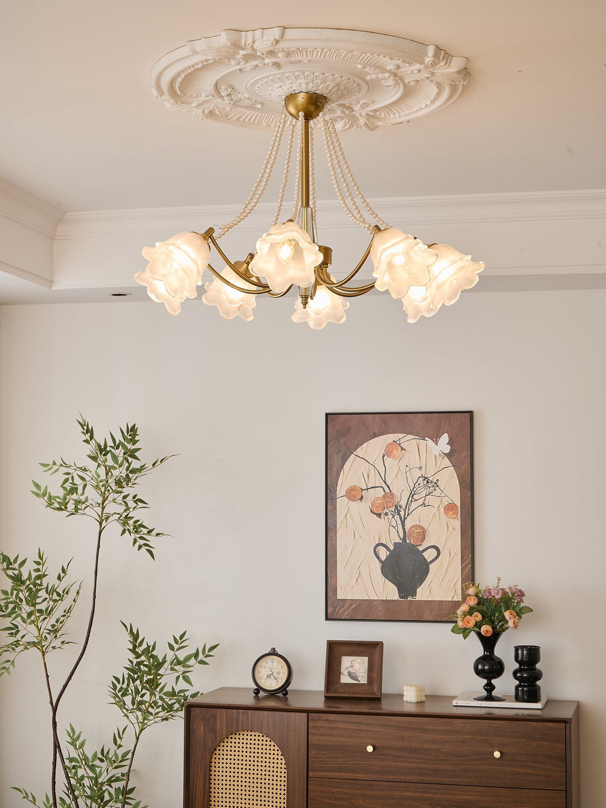 Allirila tradycyjna elegancja vintage Bloom perły żyrandol ze szkła