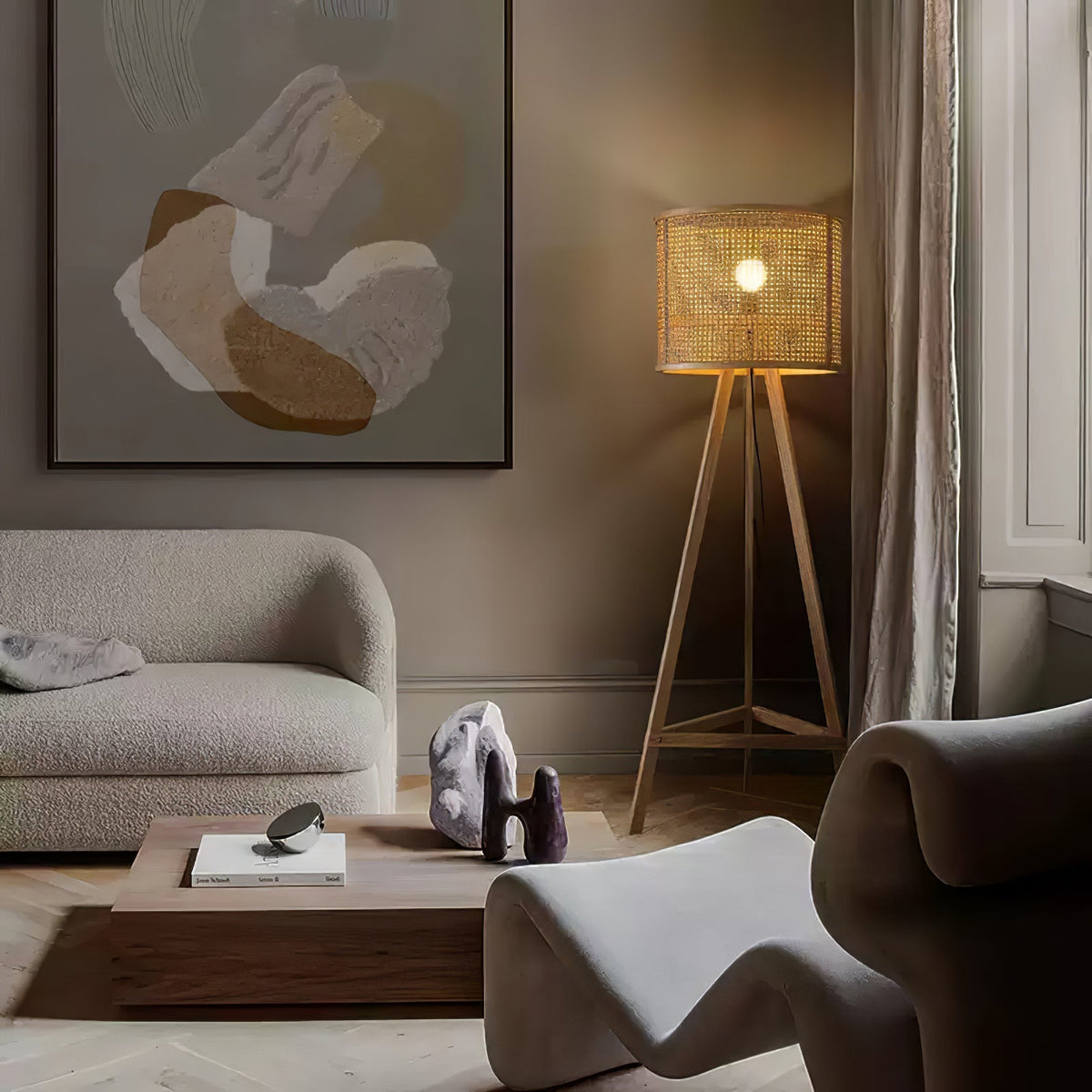 Olsolyra lampa stojąca trójnóg z plecionki rattan