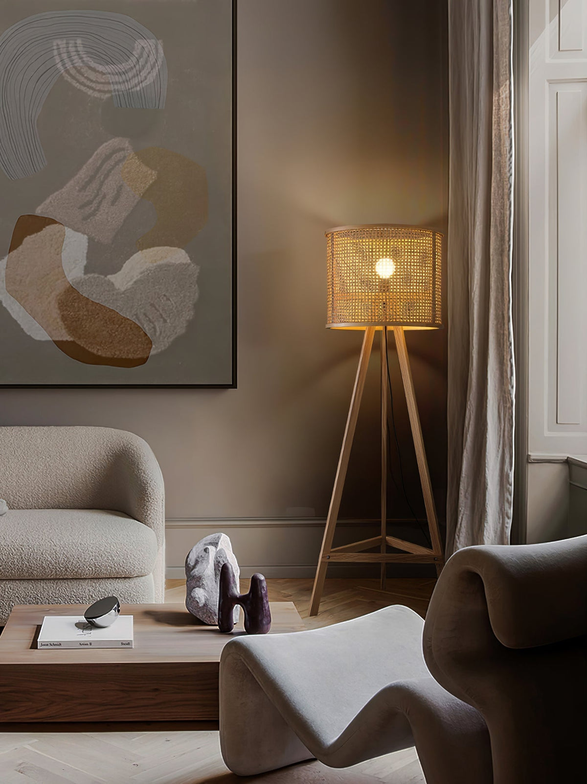 Olsolyra lampa stojąca trójnóg z plecionki rattan