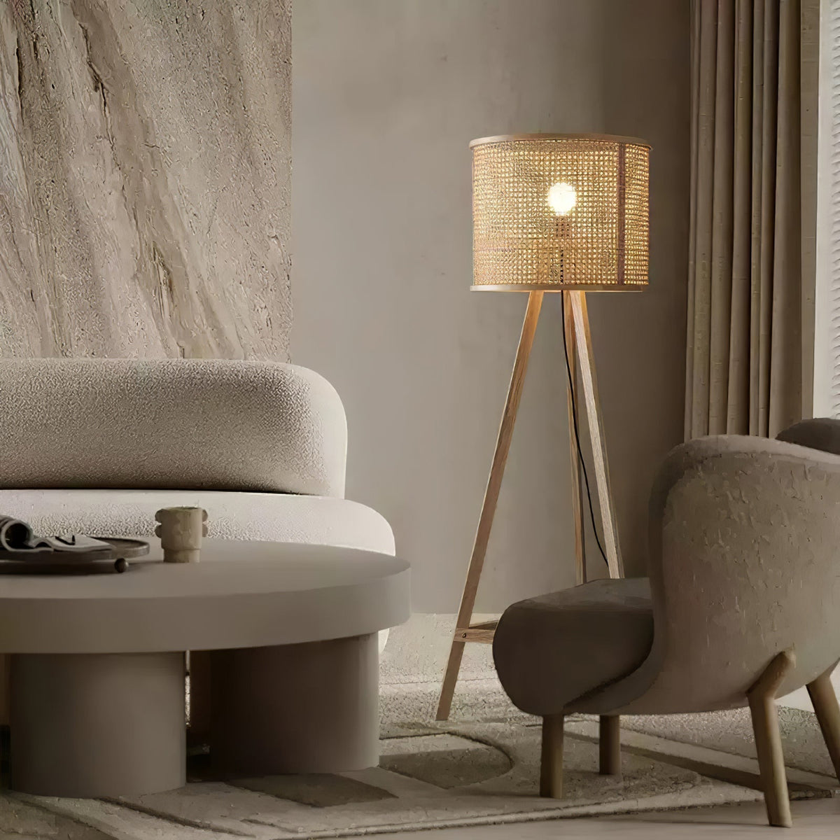 Olsolyra lampa stojąca trójnóg z plecionki rattan