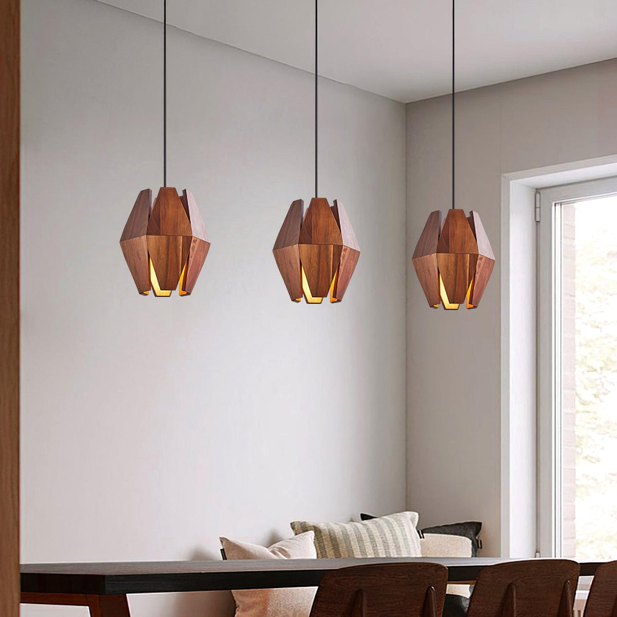 Miro lampa wisząca z geometrycznym kloszem drewnianym ciepłe światło nordycki minimalistyczny akcent
