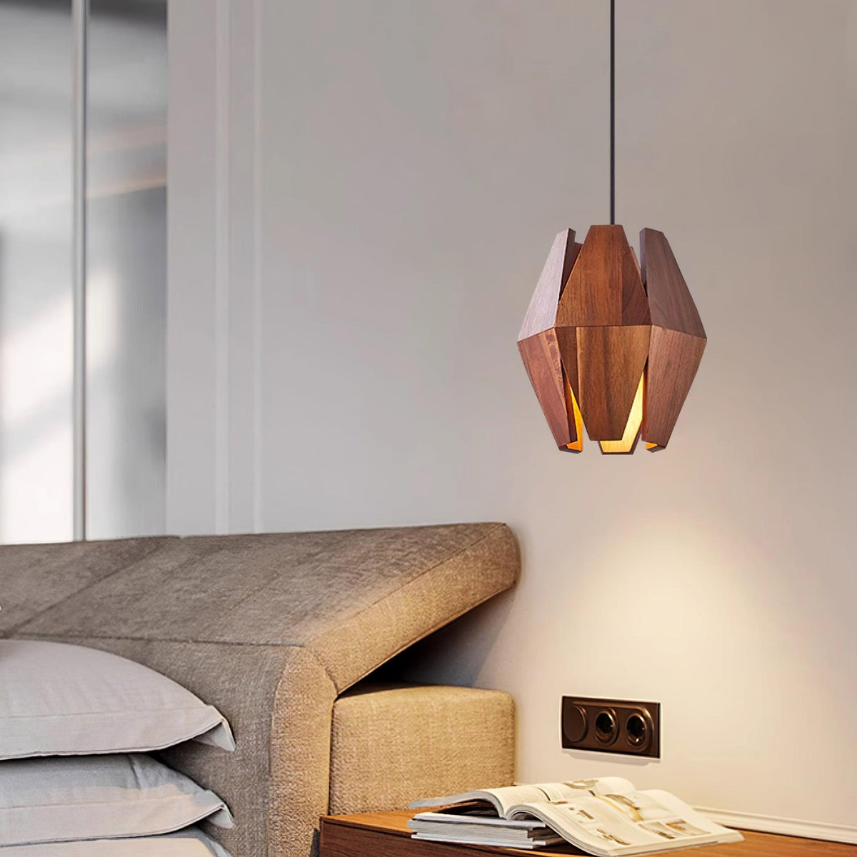 Miro lampa wisząca z geometrycznym kloszem drewnianym ciepłe światło nordycki minimalistyczny akcent