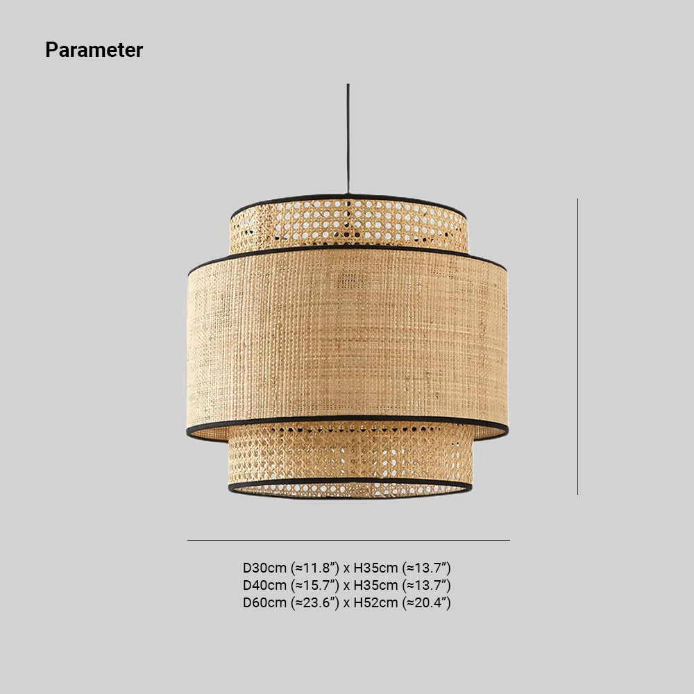 Ritta Wabi Sabi Trójwarstwowa cylindryczna lampa wisząca z rattanu i metalu, drewniana
