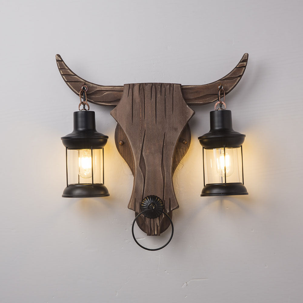 Austin lampa ścienna w kształcie byka z kolekcji Vintage, 2 punkty świetlne drewno/metal, sypialnia
