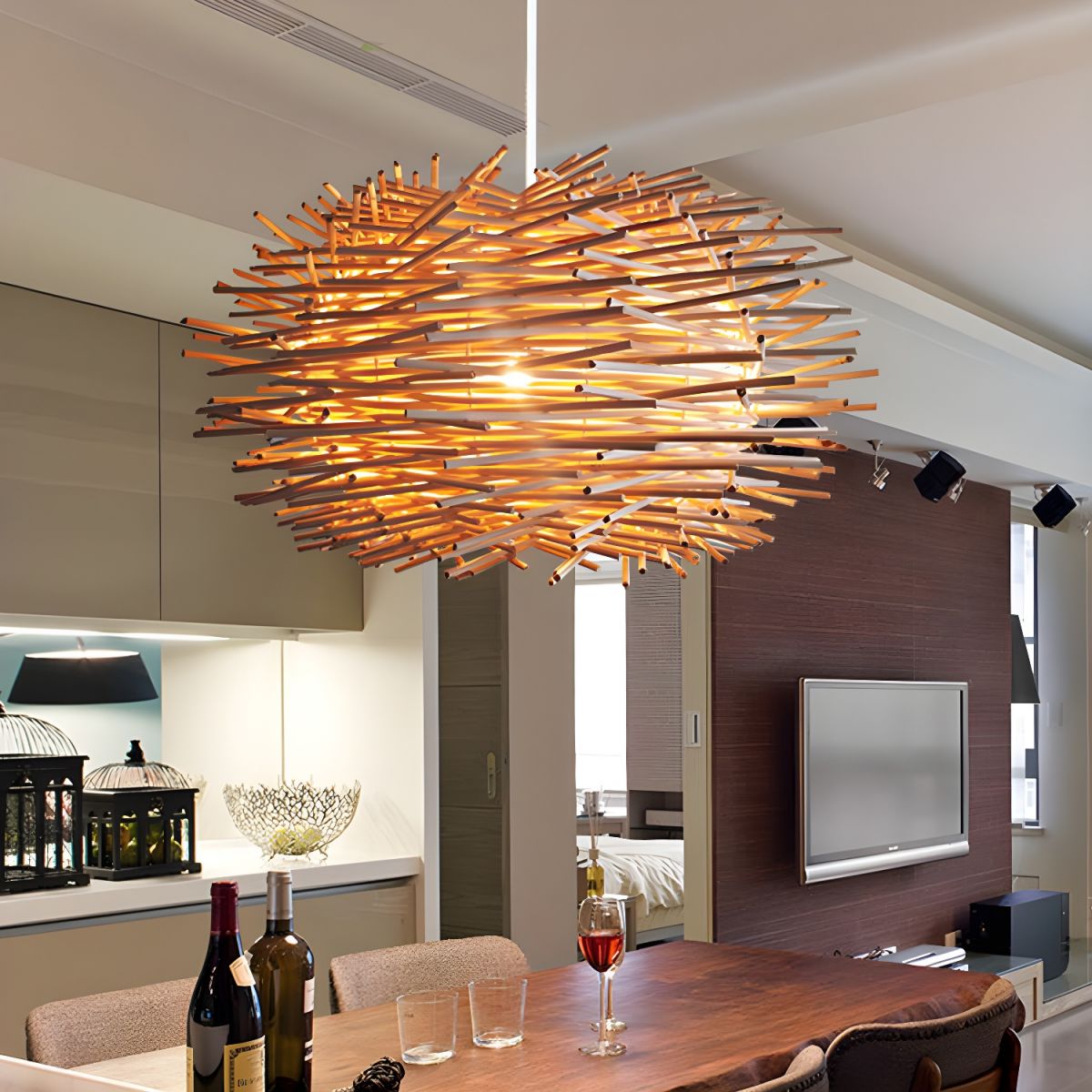 Lampa wisząca Muto z rattanu w kształcie gniazda ptaka, brąz/drewno