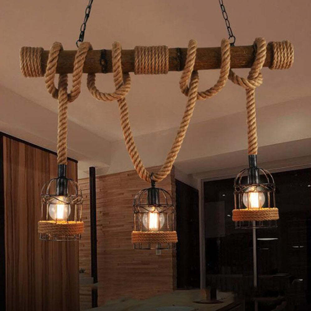 Silva Vintage 3 punkty świetlne drewniana lampa wisząca ze sznurem