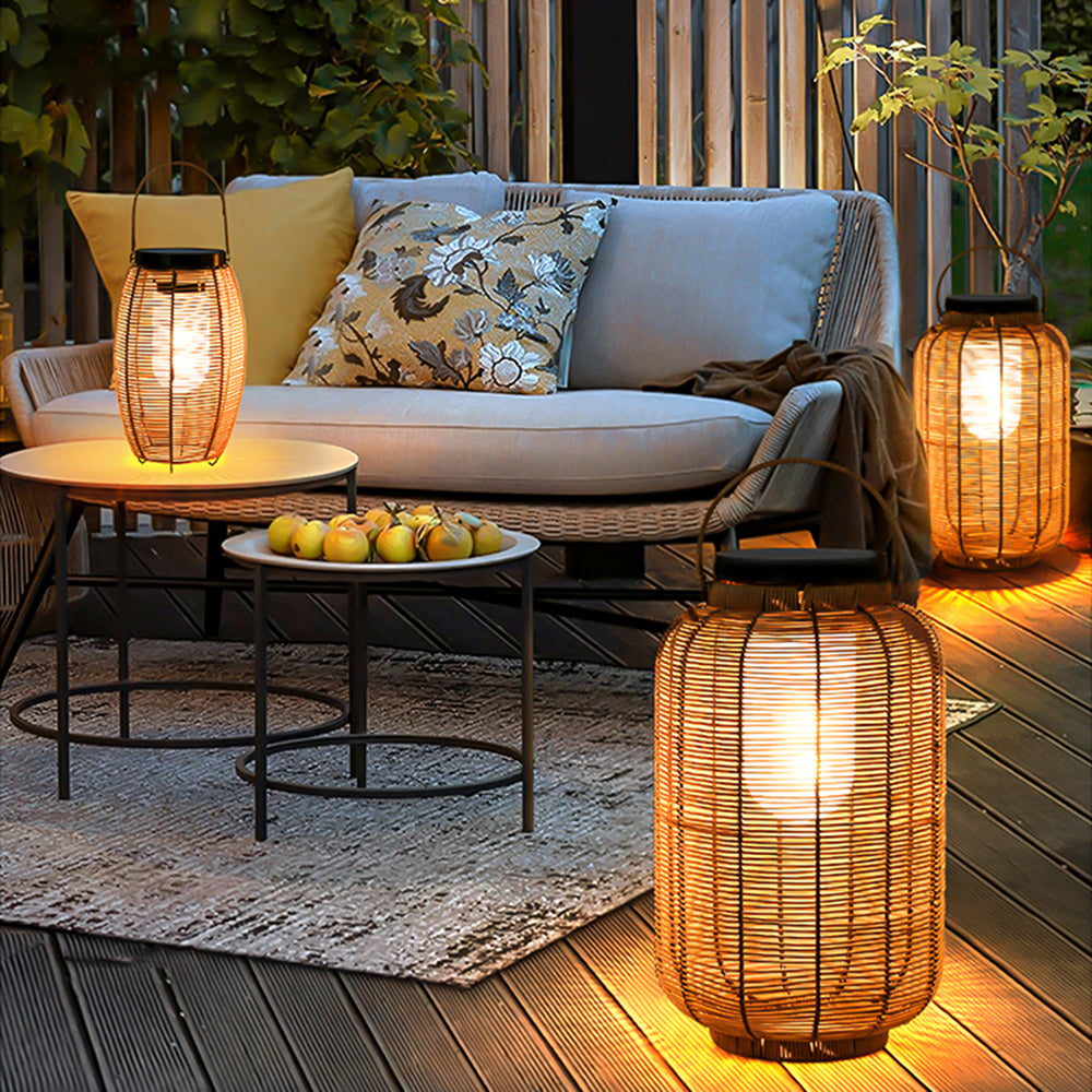 Ray Retro latarnia z rattanu i metalu lampa stojąca w kolorze drewna