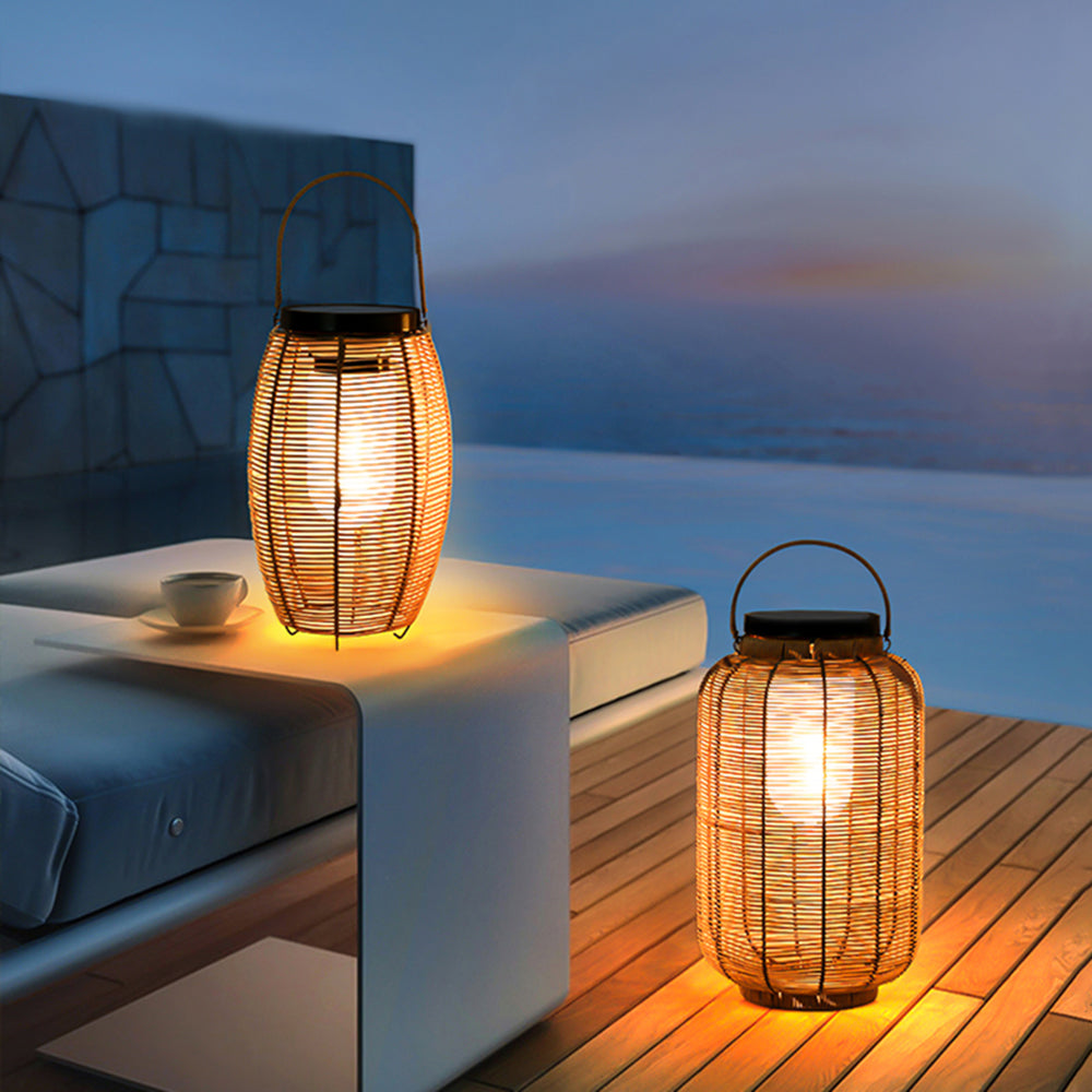 Ray Retro latarnia z rattanu i metalu lampa stojąca w kolorze drewna