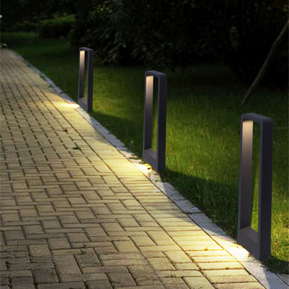 Ray nowoczesna zewnętrzna lampa ścieżkowa z metalu w kształcie pustego prostokąta, czarna