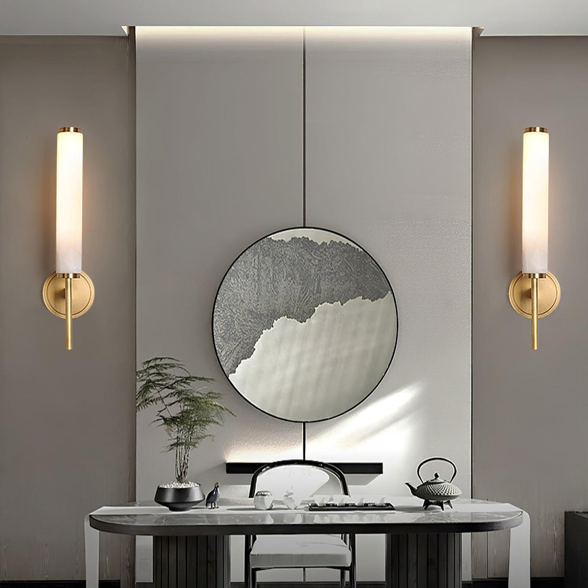 Jern kinkiet Art Deco z miedzi i alabastrem