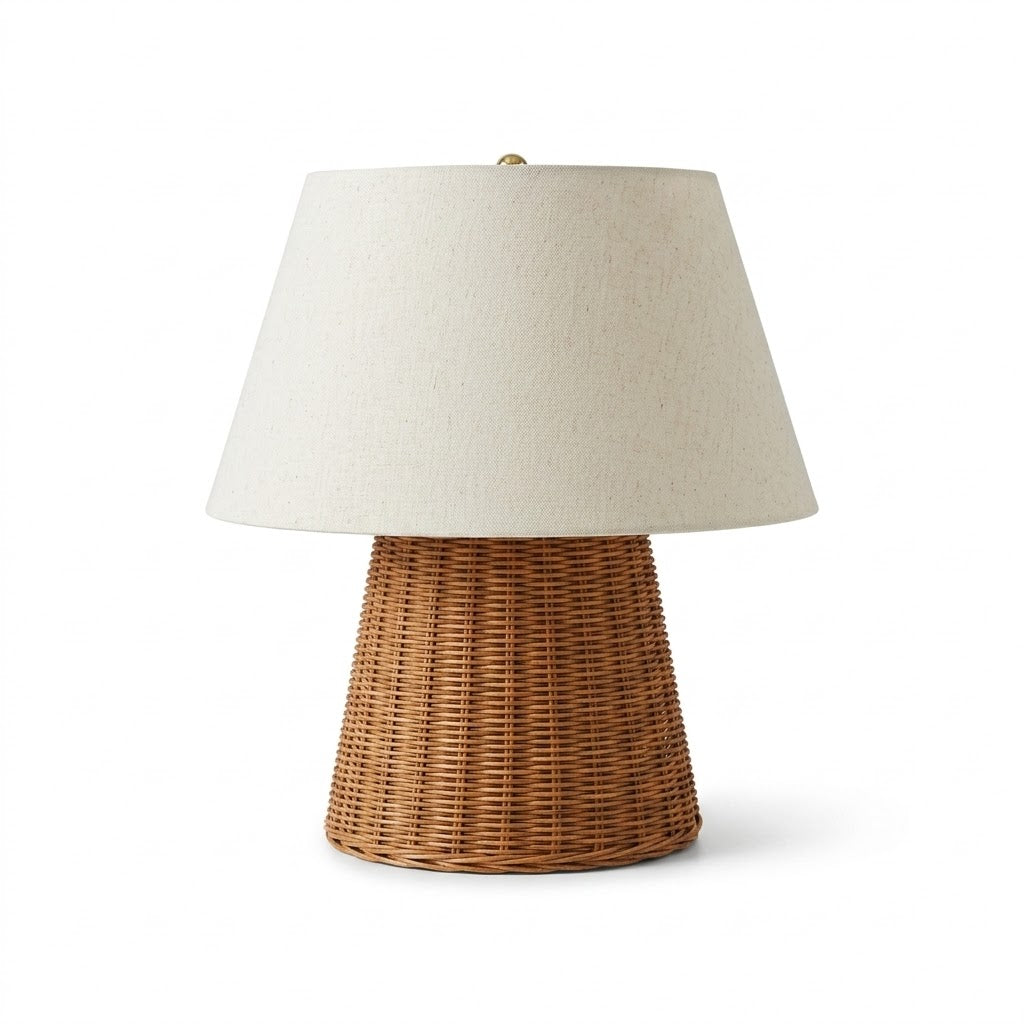 Lampa stołowa z plecionej rattanu i kremowej tkaniny