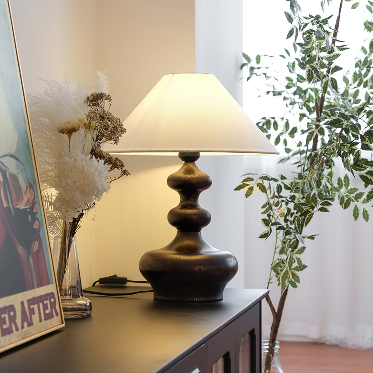 Vominex drewniana lampa stołowa z płótnem w stylu vintage