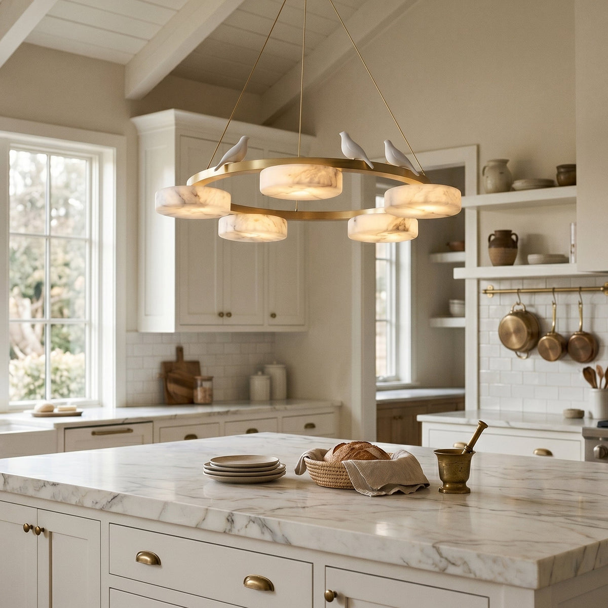 Nivaian ptak żyrandol z okrągłą rozetą i abażurem z alabastrem