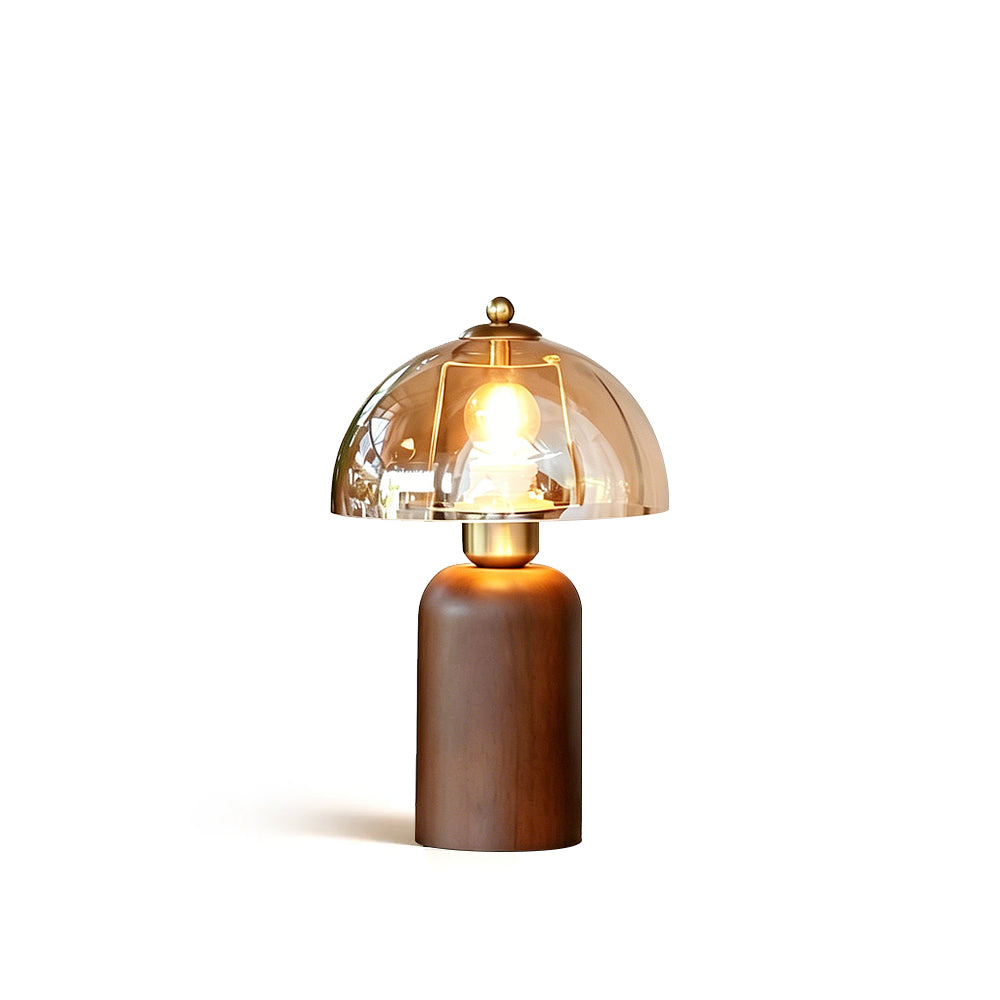 Lampa stołowa Cielum z kloszem ze szkła miodowego i podstawą z drewna orzechowego