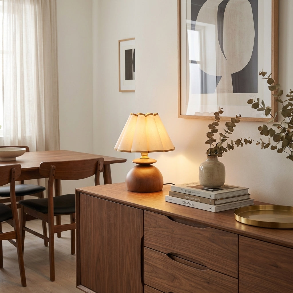 Lampa stołowa Pudge z drewna orzech włoski i fałdowaną tkaniną | Cielum