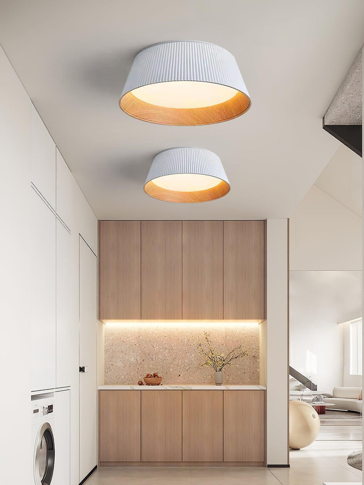 Rineia lampa sufitowa w kształcie bębna z żebrami drewniana elegancka nowoczesna