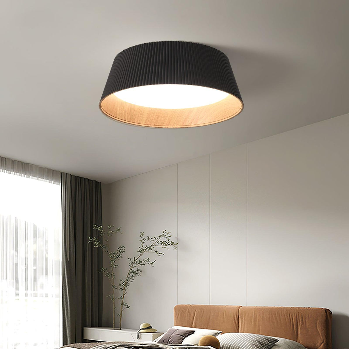 Rineia lampa sufitowa w kształcie bębna z żebrami drewniana elegancka nowoczesna