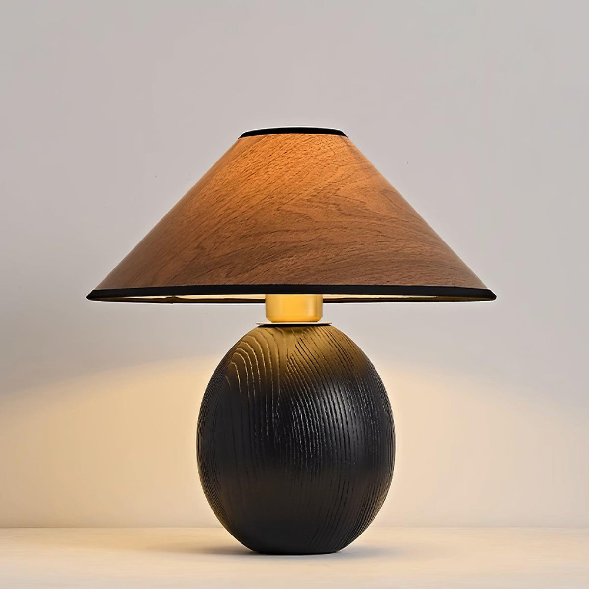 Calenena lampa stołowa z płótna imitującego fakturę drewna