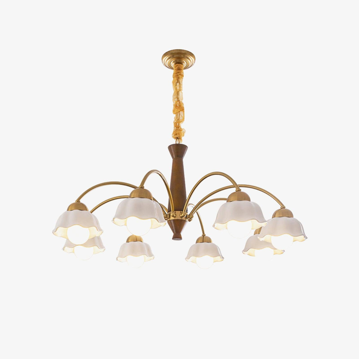 Silva vintage żyrandol wiszący z wielokrotnymi kwiatami LED w ceramice, metalu i drewnie do sypialni lub salonu