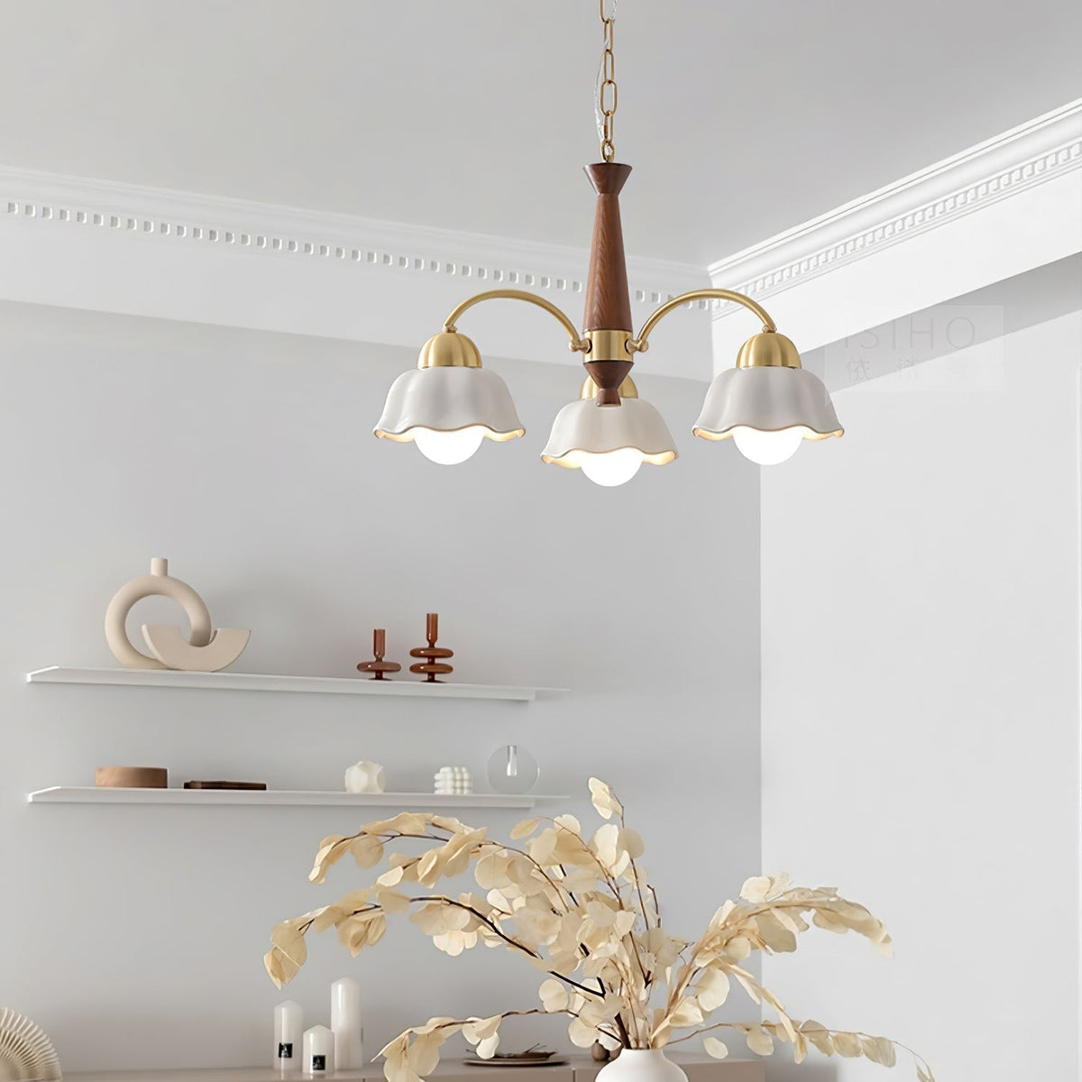 Silva vintage żyrandol wiszący z wielokrotnymi kwiatami LED w ceramice, metalu i drewnie do sypialni lub salonu
