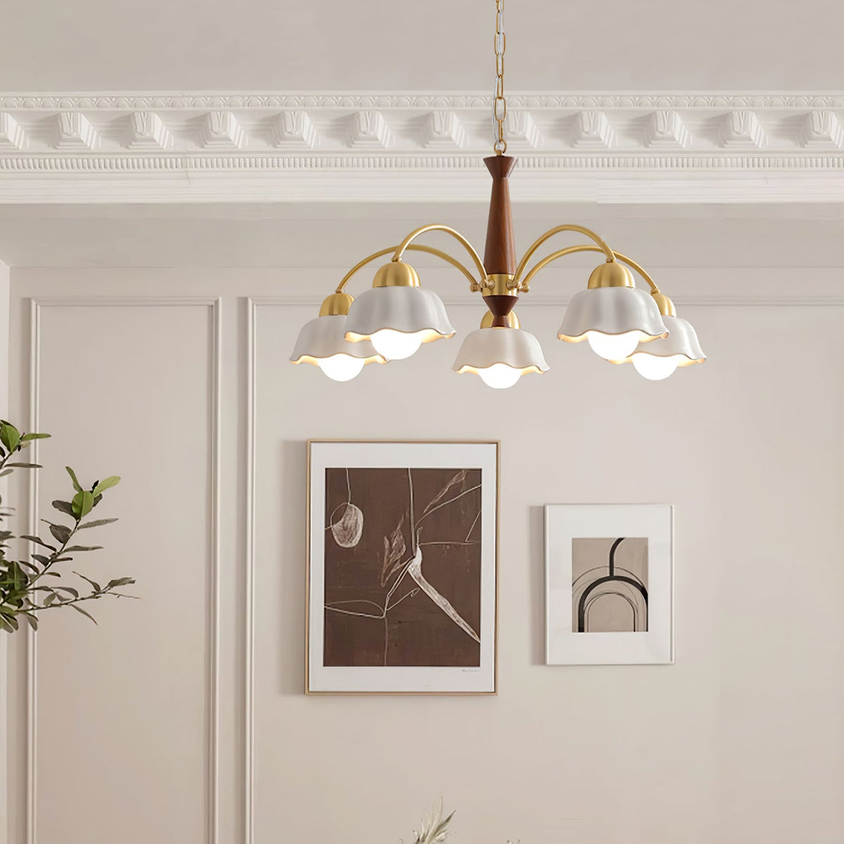 Silva vintage żyrandol wiszący z wielokrotnymi kwiatami LED w ceramice, metalu i drewnie do sypialni lub salonu