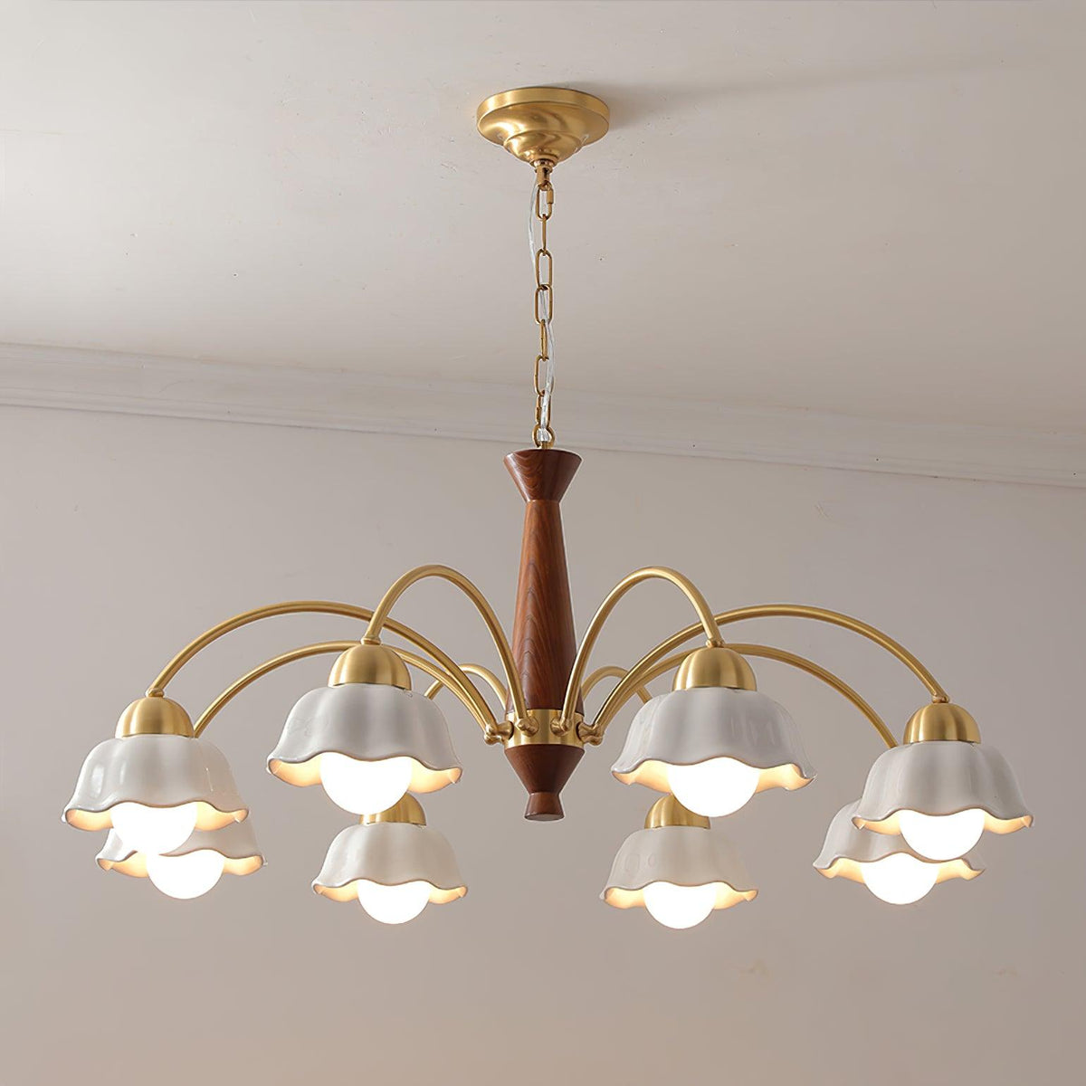 Silva vintage żyrandol wiszący z wielokrotnymi kwiatami LED w ceramice, metalu i drewnie do sypialni lub salonu