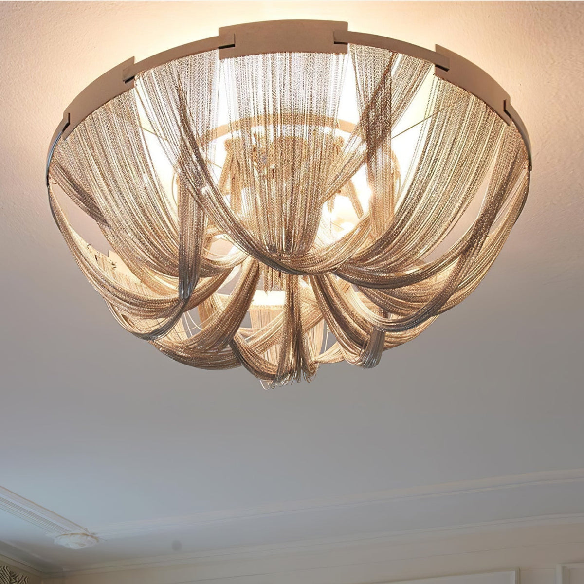 Talj lampa sufitowa z kordem aluminiowym ramą posrebrzaną