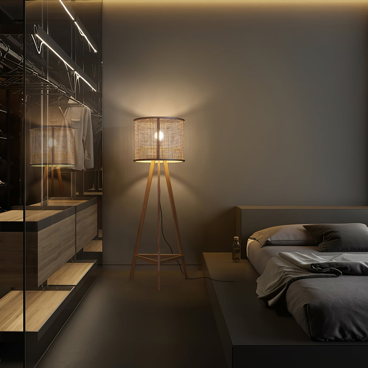 Olsolyra lampa stojąca trójnóg z plecionki rattan