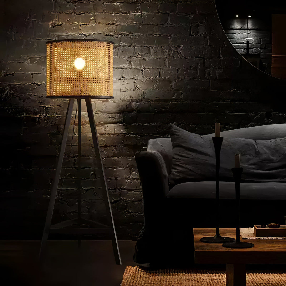 Olsolyra lampa stojąca trójnóg z plecionki rattan