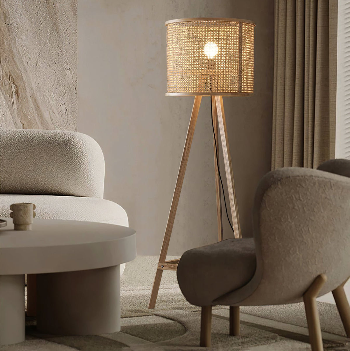 Olsolyra lampa stojąca trójnóg z plecionki rattan