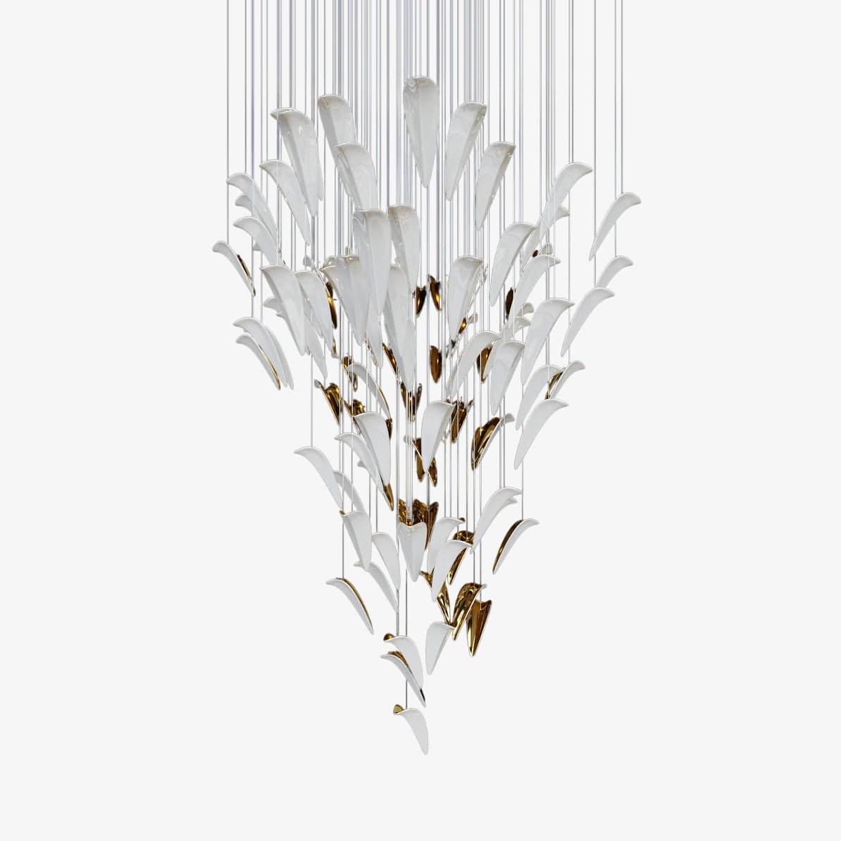 Plume Glow biały żyrandol ze szkła w kształcie piór Art Deco z możliwością dostosowania i akcentem złotym