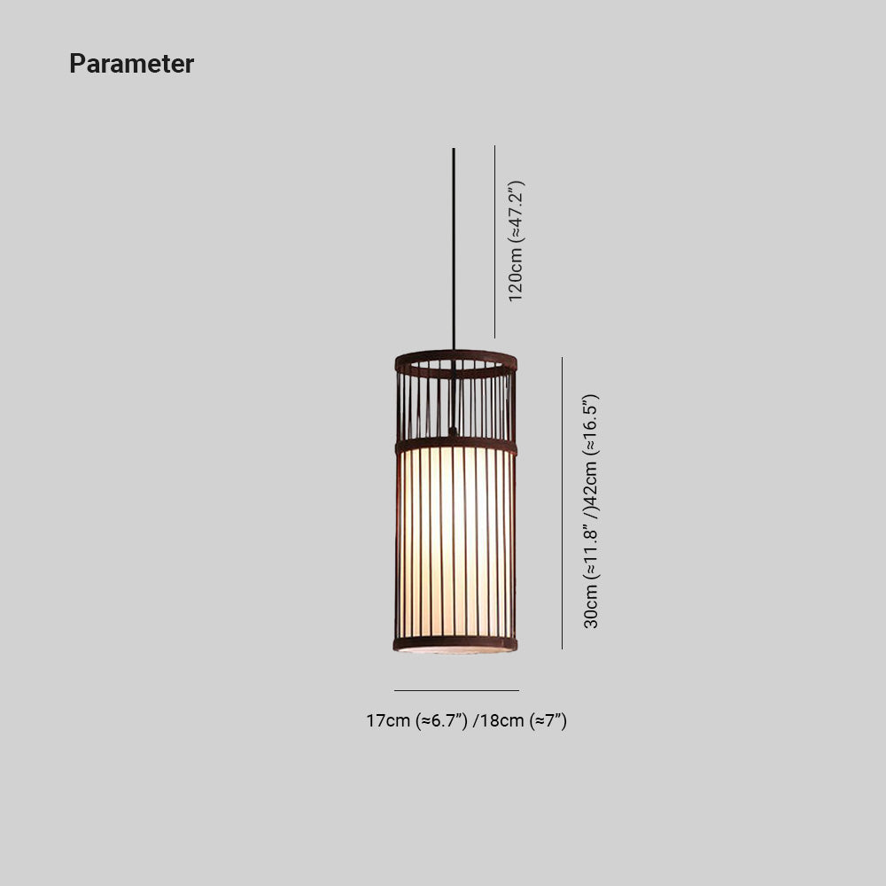 Ritta lampa wisząca z plecionki cylindrycznej w kolorze kawowym i drewnianym, metal/bambus